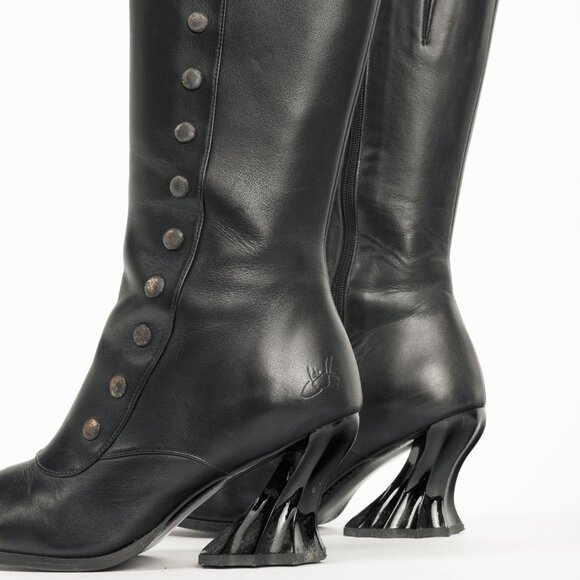 John Fluevog Lu Black Leather Tall Studded Boots - Picture 7 of 12